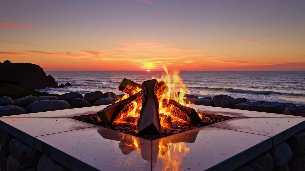 Fire Pit on an Ocean Cliff at Sunset 🔥🌊 4K Coastal Ambience (3 Hours)
