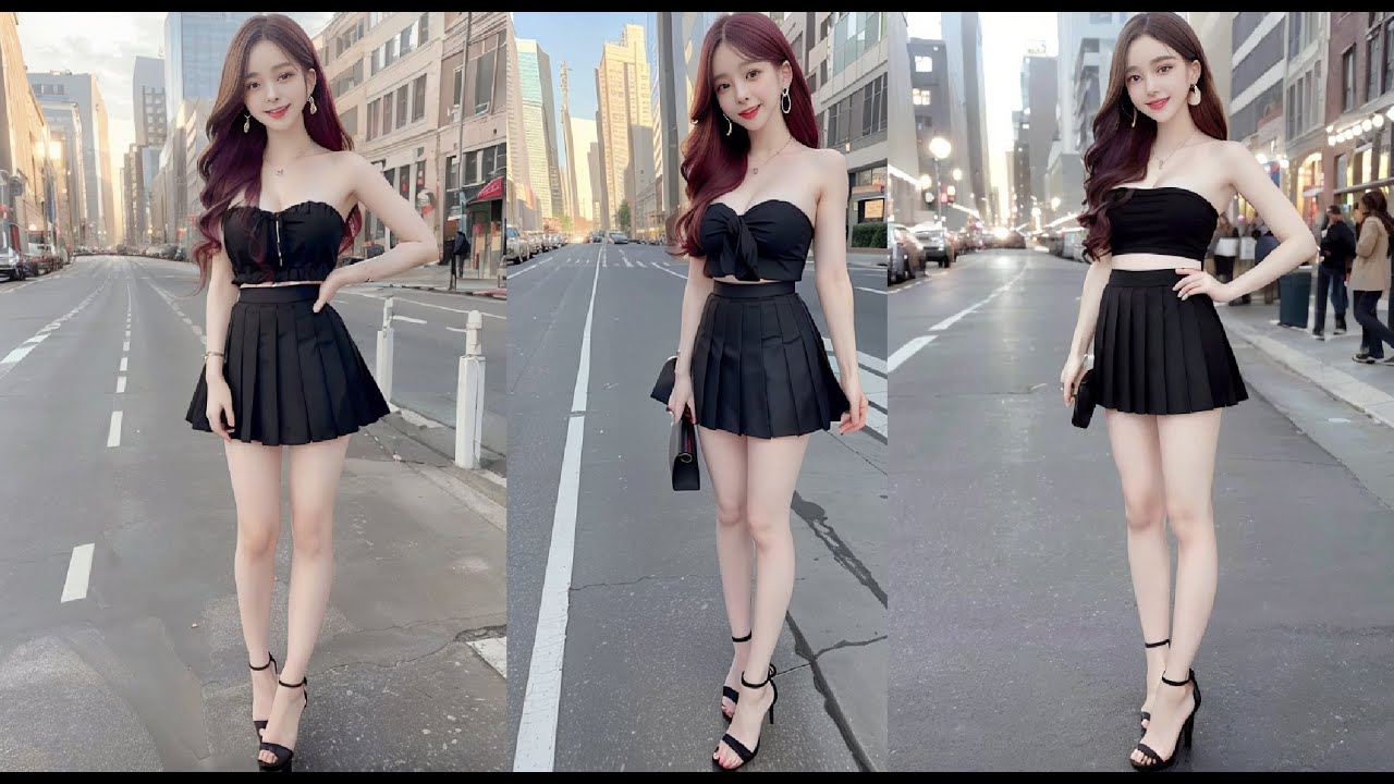 [AI Art][4K] Girl - black strapless top and pleated skirt by AI