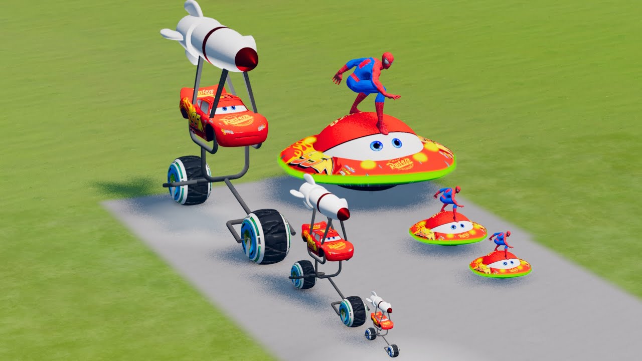 Big & Small McQueen Missile & Spiderman Ufo  VS Train | BeamNG.drive