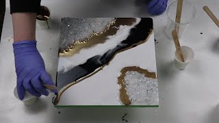 (471) Resin Geode in Black, Gold and White! Resin Art Pouring Technique