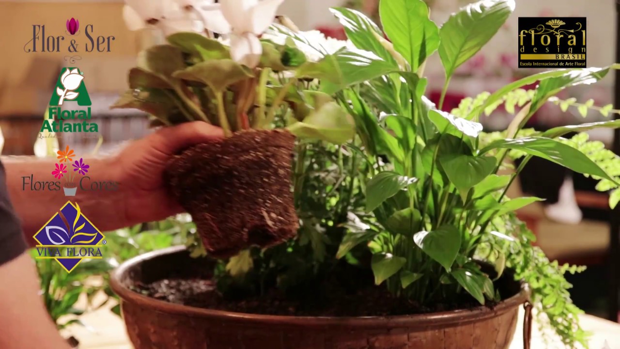 Arranjo de flores e plantas variadas em cachepô de metal