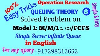 Solved Problem on M/M/1 :infinity/FCFS Queuing model|Single Server infinity Queue in English