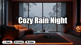 Natural Heavy Rain and Gentle Piano with Warm Fireplace for Meditation and Focus