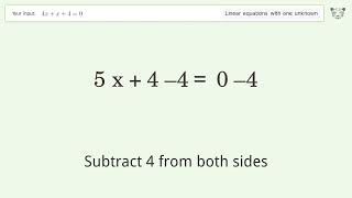 Linear equation with one unknown: Solve 4x+x+4=0 step-by-step solution