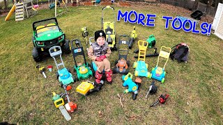 Power gardening tools for kids | Chain Saw, Weed Trimmer, Leaf Blower | Winter CleanUp! Chickens!