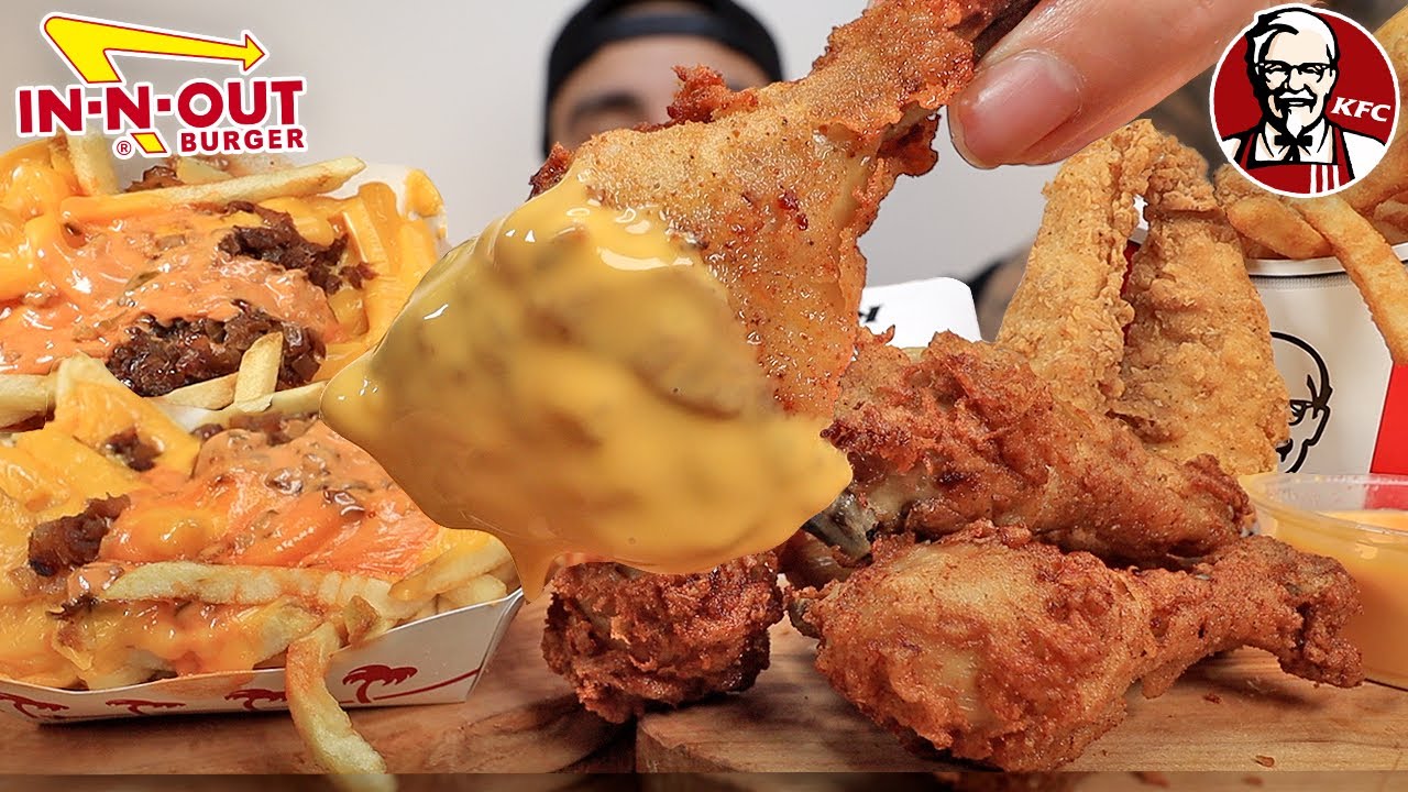 MUKBANG IN N OUT LOADED ANIMAL FRIES KFC CRISPY FRIED CHICKEN WITH CHEESE FRIED CHICKEN TENDERS ASMR