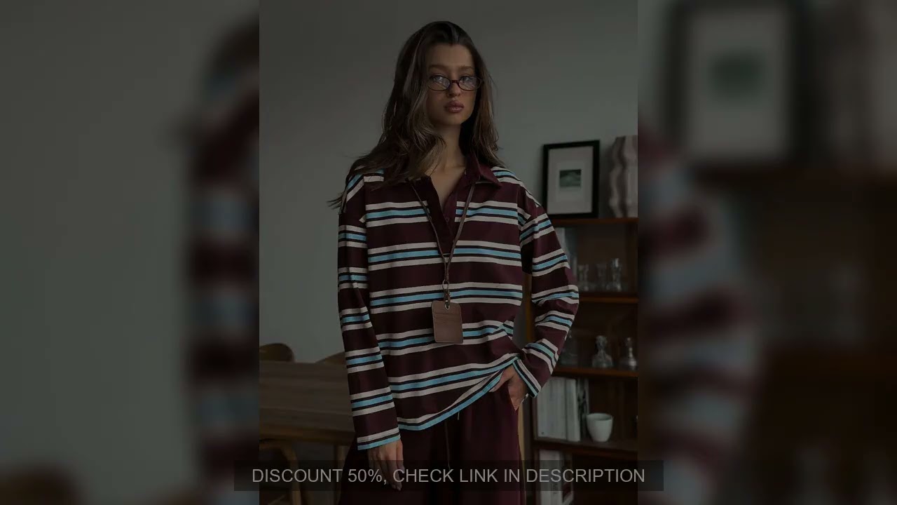 Wolfeel  Women's Vintage Inspired Retro Striped Polo Collar Oversized Drop Shoulder Long Sleeve  T-S