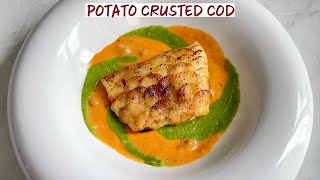 Modern Fish and Chips - Potato Crusted Cod, Pea Purée & Spicy Tartar Sabayon