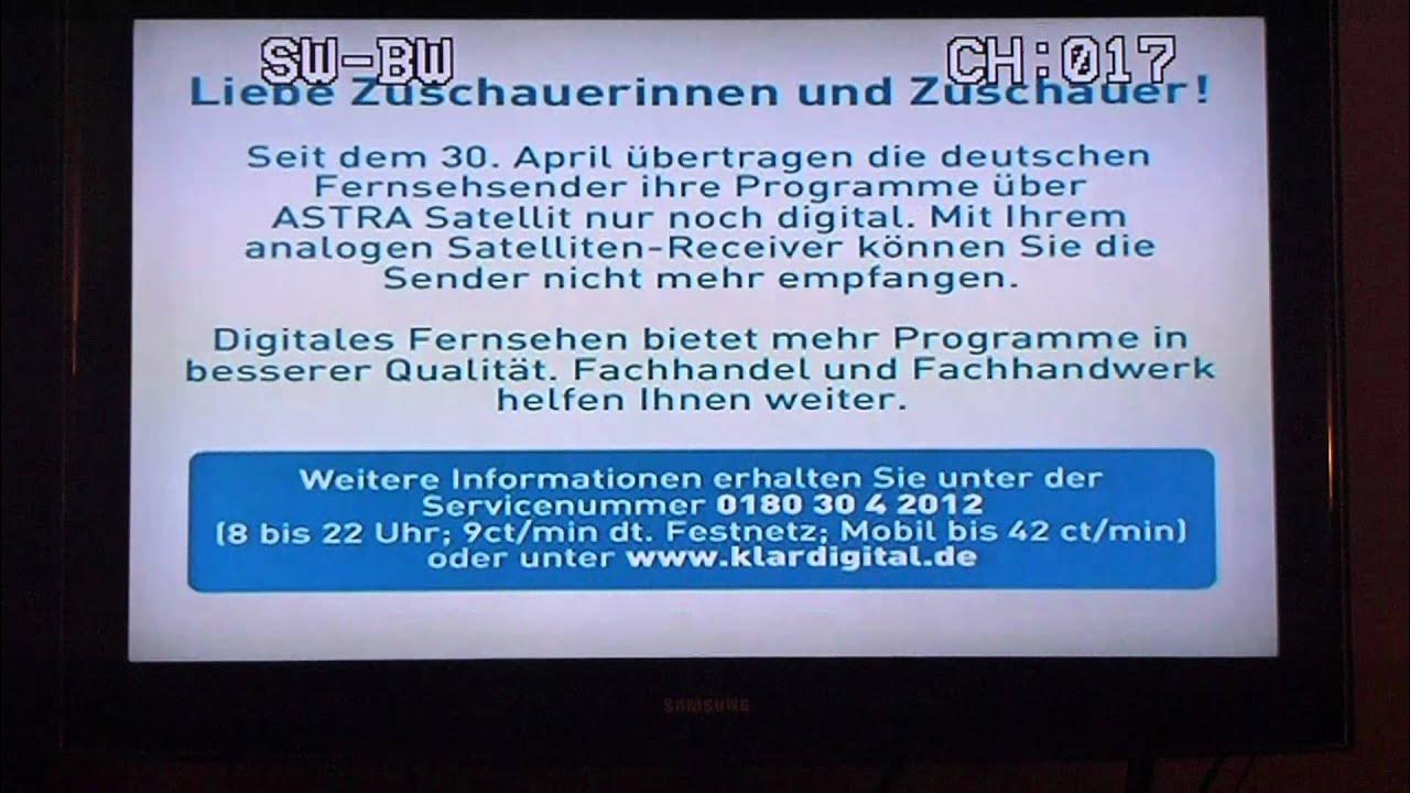 Software Update über Satellit Astra 19 2 Ost ASTRA 19,2° Ost | Analogabschaltung (30.04.2012) - YouTube