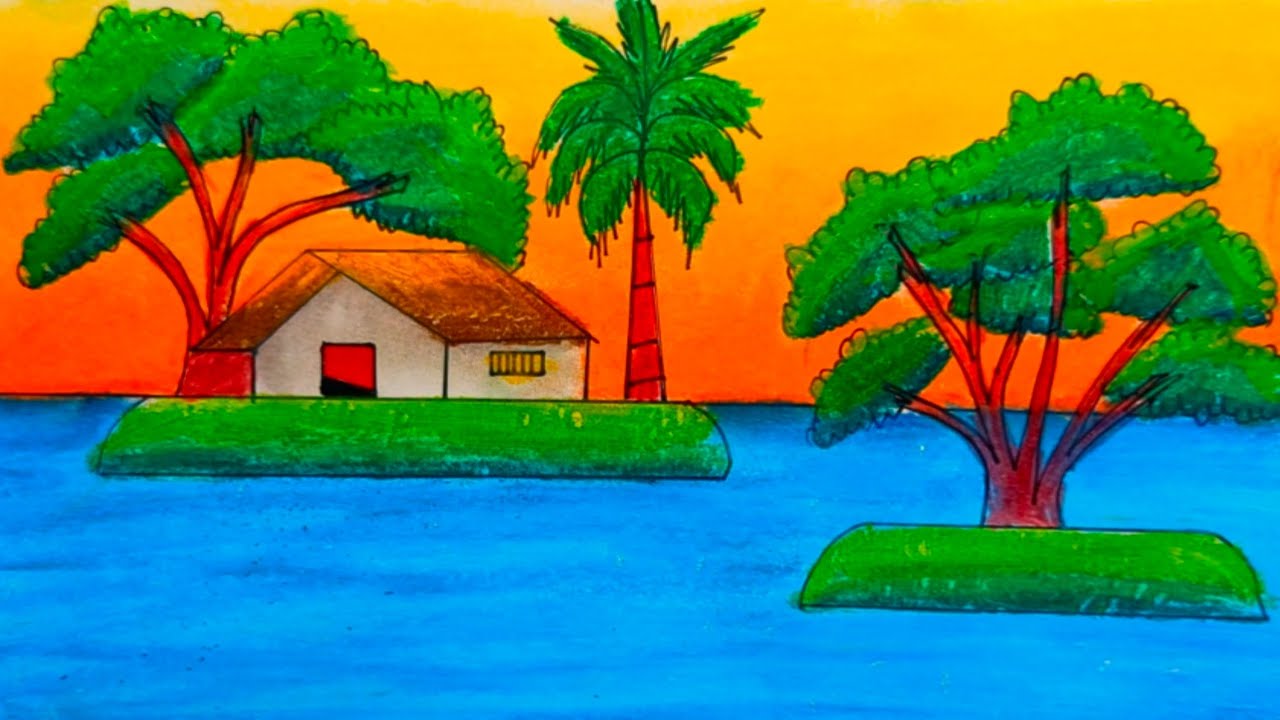 Riverside Village Evening Scenery Drawing | Calm & Easy Landscape Art
