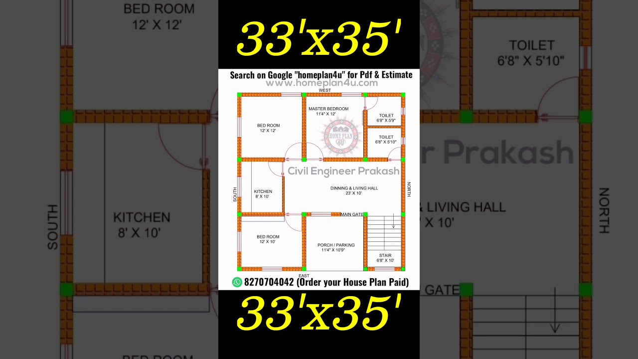 33 x 35 House Plan with 3 Bhk Design 