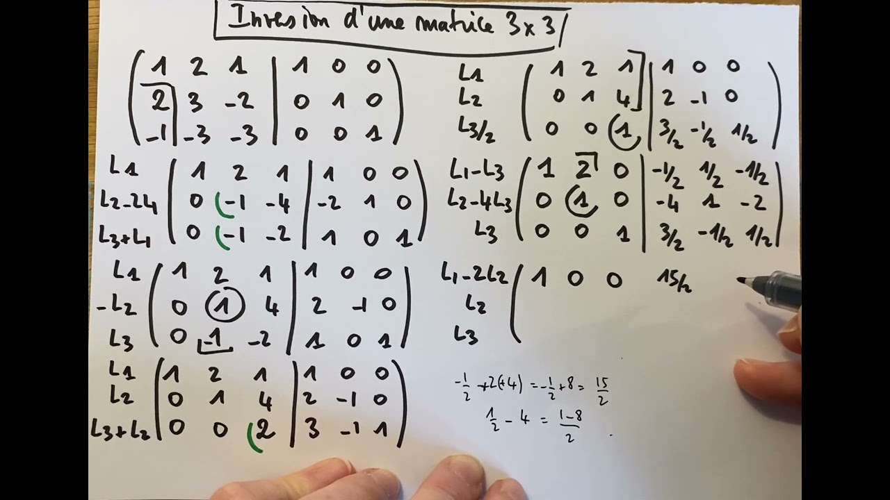 Inverse d'une matrice 3x3 par la méthode de Gauss Jordan. Calcul matriciel, algèbre linéaire.