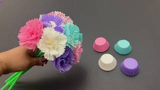 5 mins cupcake liner carnation flower - Quick and Easy Birthday decoration ideas - Easy paper flower