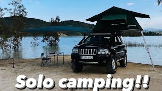 Solo camping. Overland 4x4 Jeep Grand Cherokee WJ. Tienda, toldo, cocina, ducha.Jeepeando con Peri.