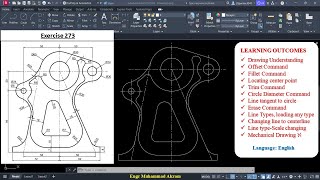 AutoCAD Exercise 273 | 2D Mechanical Drawing Tutorial Step-by-Step | Offset, Fillet & Trim Commands