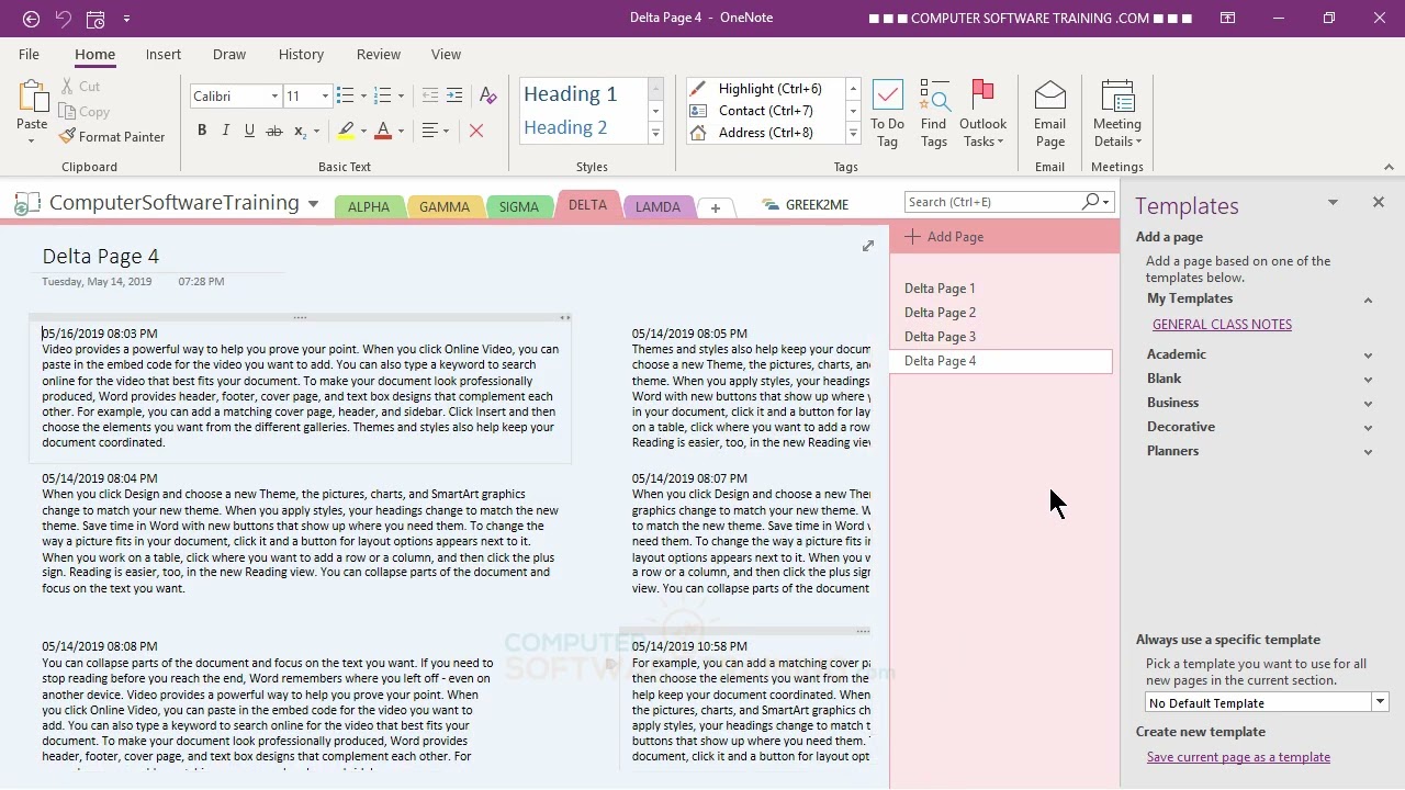 ON-01-03 — Create and Customize Pages with Templates in Microsoft OneNote