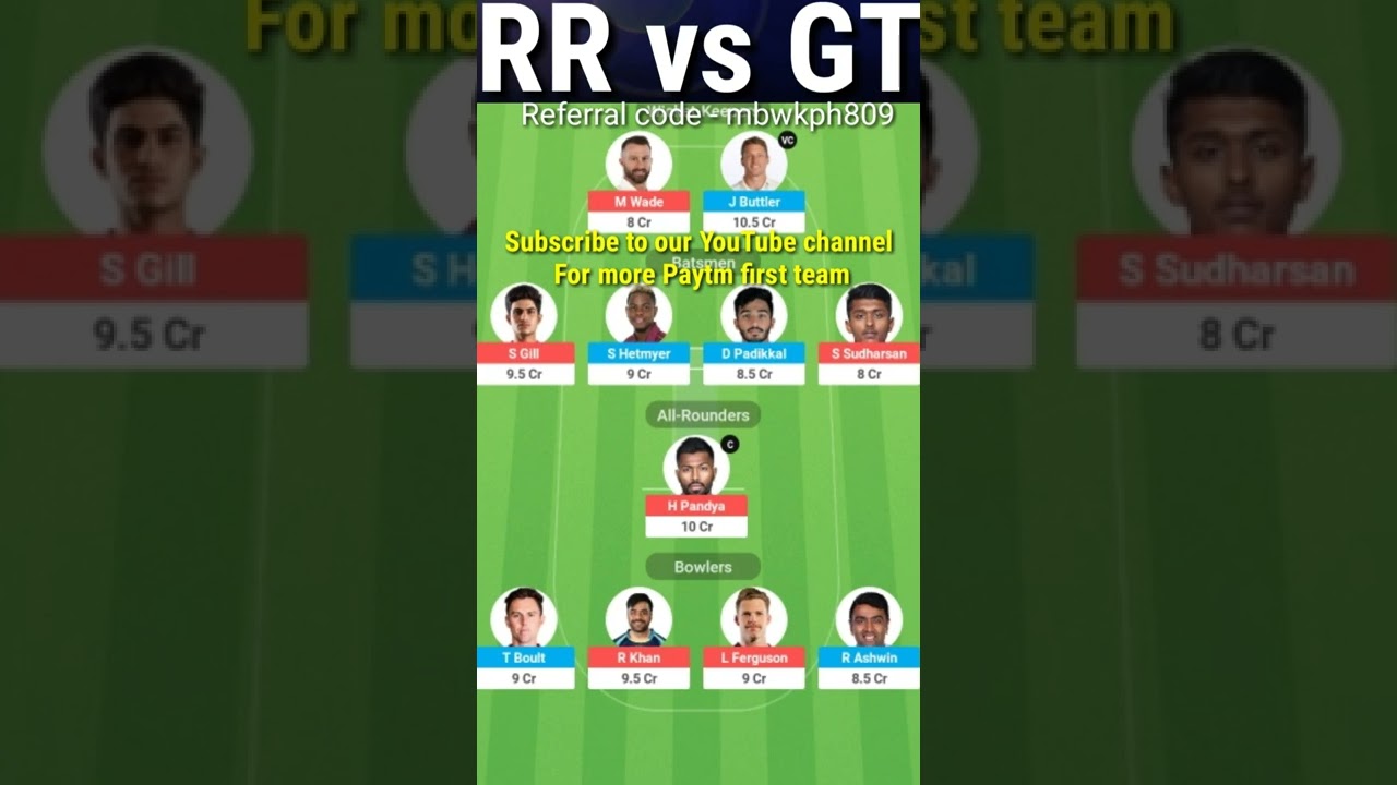 IPL 2022 : RR vs GT Match Prediction | RR vs GT Prediction | Paytm first team |