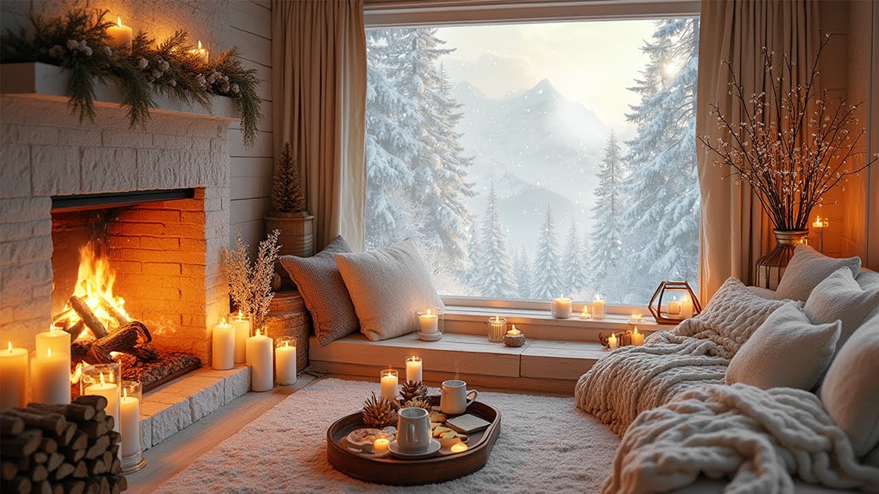 Beautiful Winter Morning in a Mountain Cabin ❄️🔥 Fireplace & Falling Snow Ambience