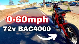 0-60mph Test // 72v Sur Ron BAC4000 // 50mph Wheelie