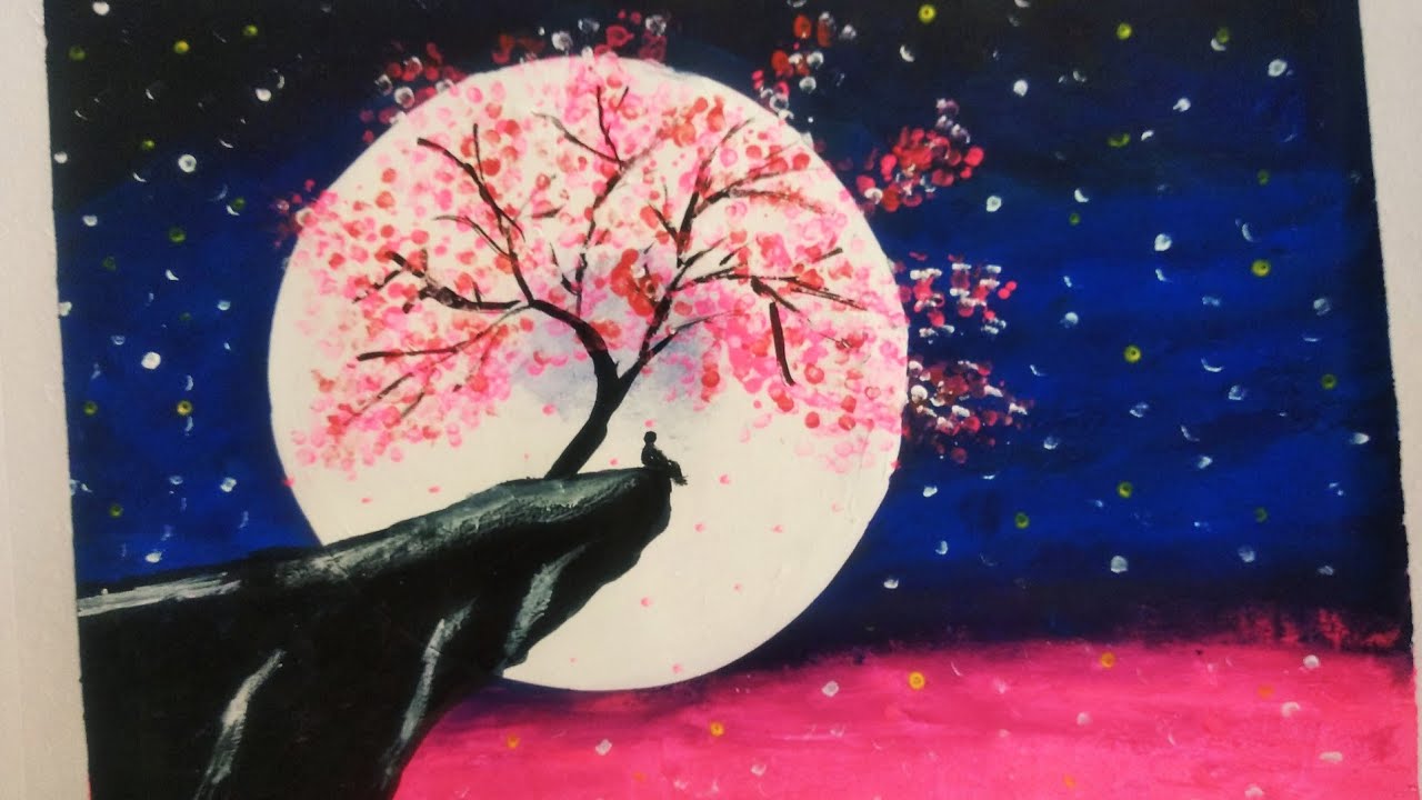 Cherry blossom under moonlight acrylic painting.. YouTube