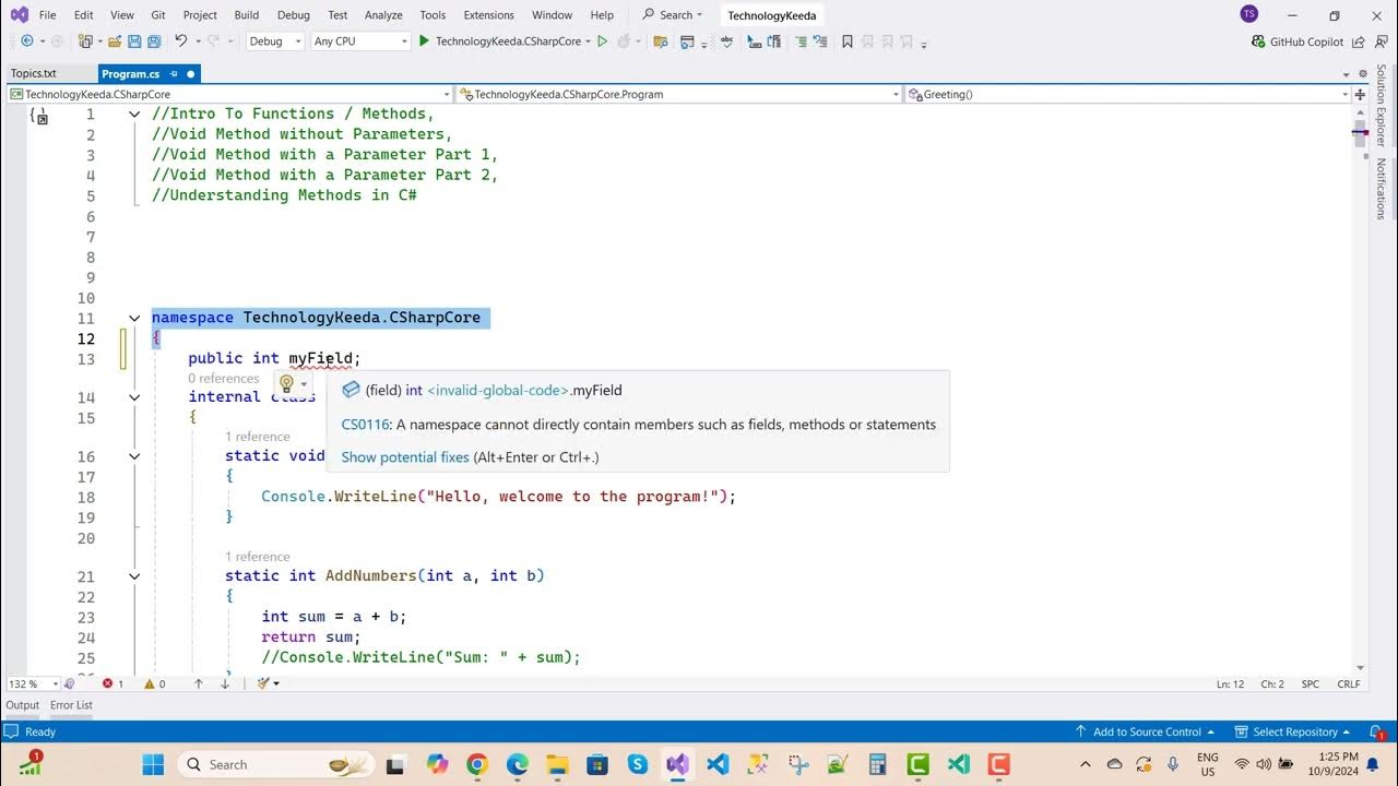 Fix cs0116 a namespace cannot directly contain members such as fields