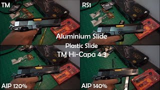 Spring TM Vs CowCowRs1 Vs AIP 120% vs AIP 140% on TM Hi-Capa 4.3 (Plastic slide and Aluminium slide)