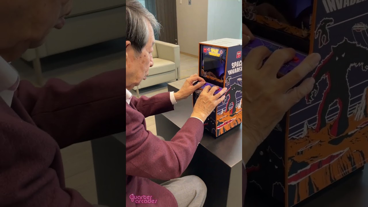 Tomohiro Nishikado - the creator of Space Invaders playing our Quarter Scale Arcade cab