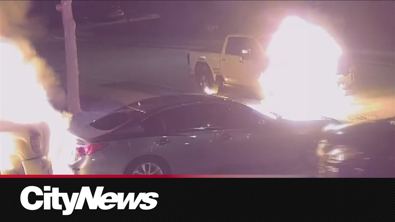 Four tow trucks set ablaze in Brampton, security video shows - YouTube