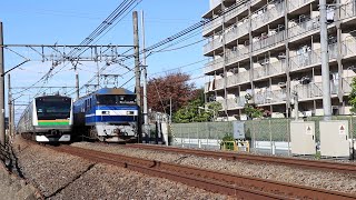 桃太郎EF210-106コキ200形+タキ4074レとE233系のすれ違い・2025/11/26