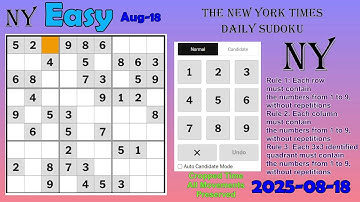 The New York Times Daily Sudoku 2025-08-18 Easy