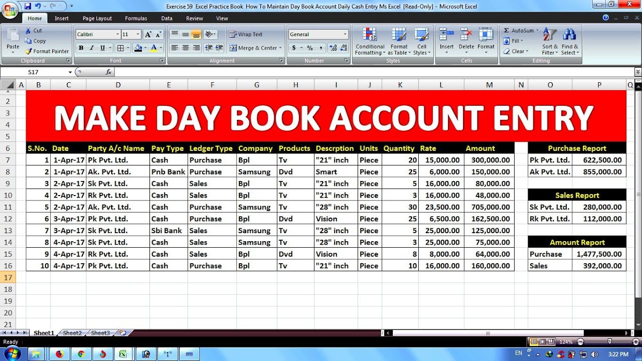 Exercise 59 Excel Practice Book How To Maintain Day Book Account Daily Cash Entry Ms Excel