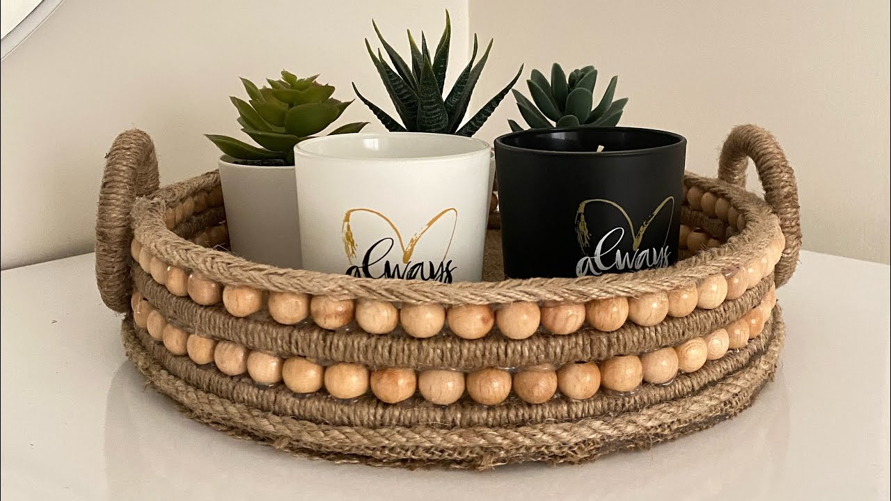 Jüt ip ve ahşap boncuklarla harika bir dekoratif tepsi yapımı…