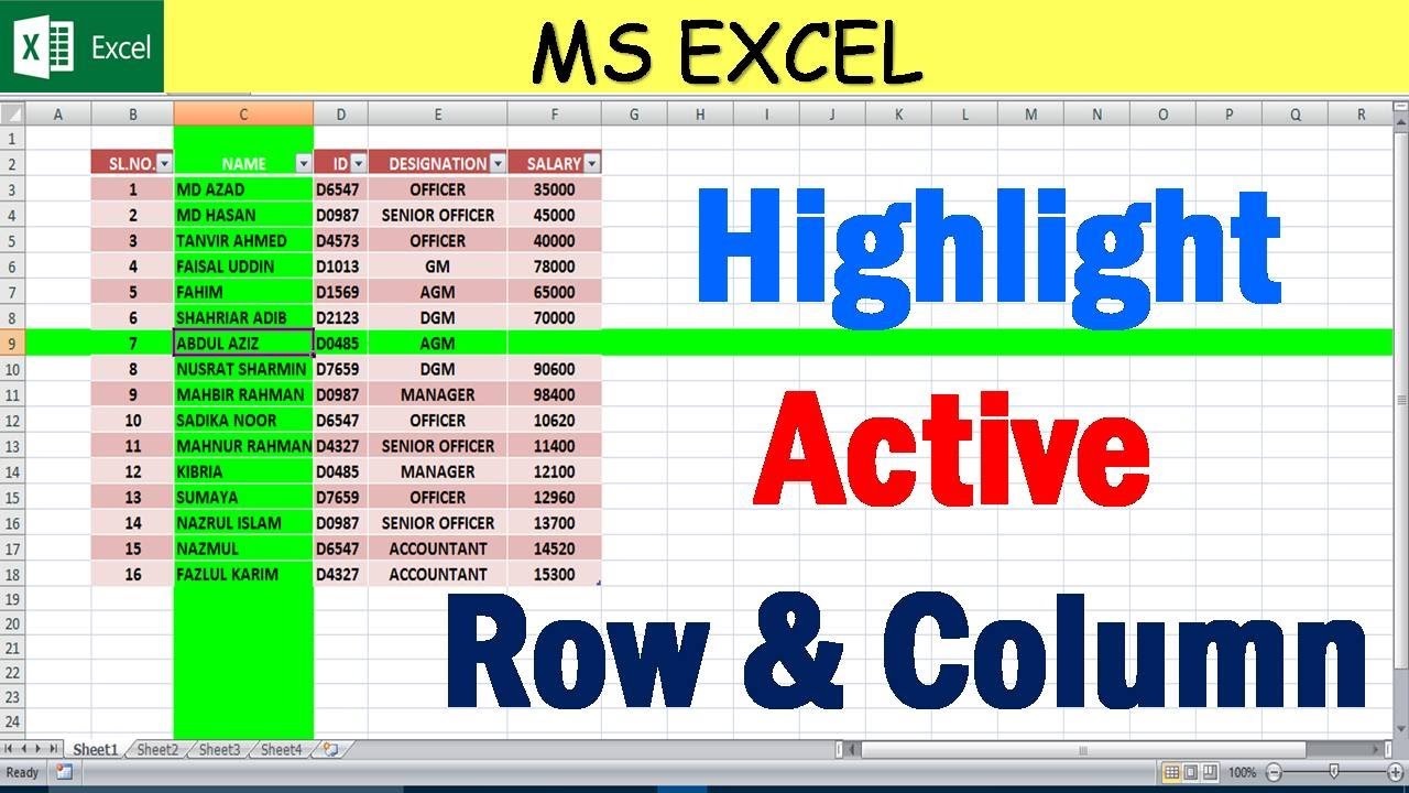 VBA Code for Highlight Active Row and Column - YouTube