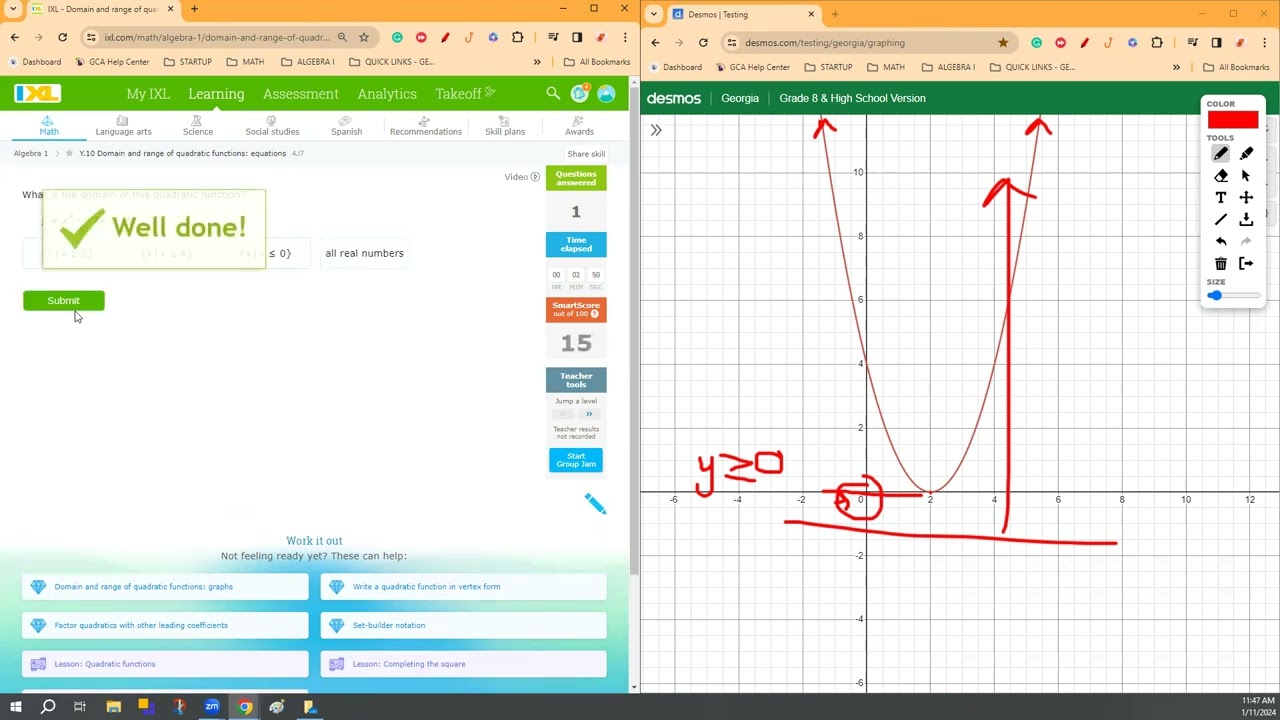 Domain & Range of Quadratic Functions Equations in IXL