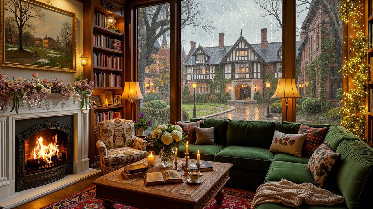 Peaceful Rainy Coffee House ☕ Smooth Piano Jazz & Cozy Fire Sounds