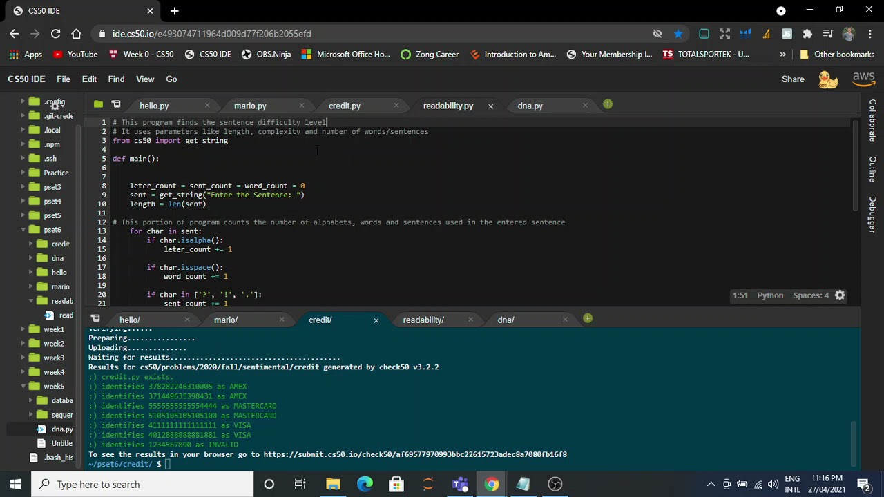 Bilal_Afzal-Pset6-Hello-Mario-Credit-Readability-DNA-27th April 2021