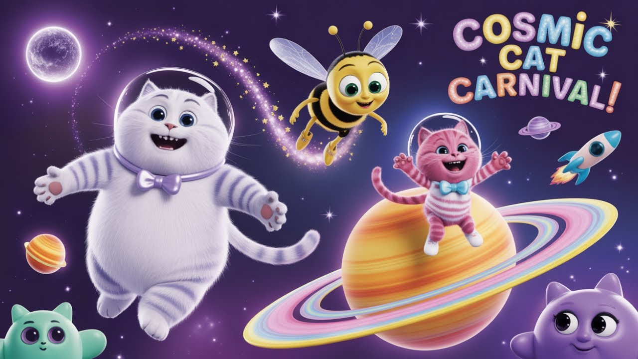 Cosmic Cat Carnival 🌟 | Cute 3D Cartoon for Kids | Big Fluffy Cat & Bee Adventure!