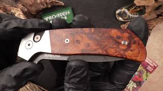 Protech Steel Custom Terzuola ATCF Auto Chad Nichols Damascus, 2-Tone 416 SS, Iron Wood Inserts