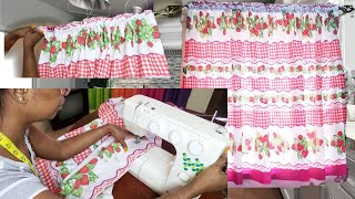 How to make a Simple Christmas kitchen curtain+string a basic sewing machine( DIY) beginner friendly