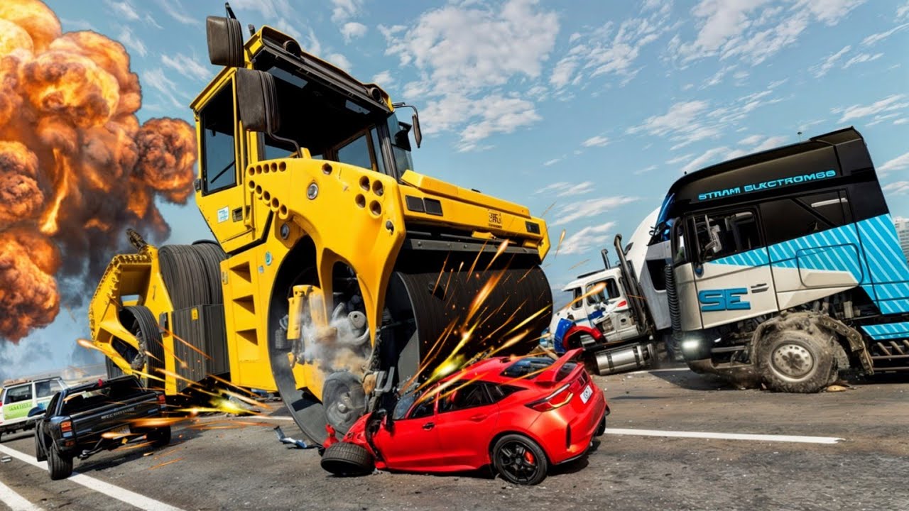BeamNG.Drive - CAR VS GIANT ROAD ROLLER.#crashing - YouTube