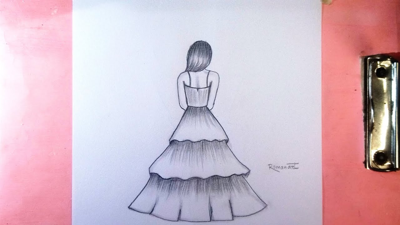 girl with beautiful dress easy drawing - YouTube