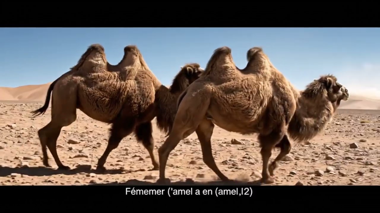 Camels are roaming in the desert.