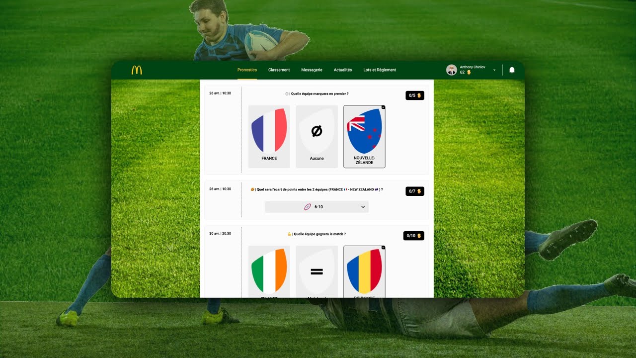 Démo plateforme de pronostics personnalisée Coupe du Monde de Rugby 2023