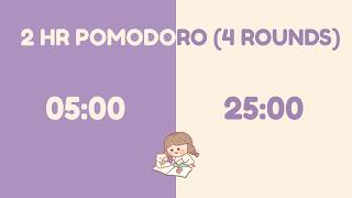 2 Hour Pomodoro Timer with 5 Min Prep ☕ 4 Rounds of 25/5 Study Timer