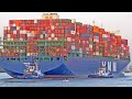 ULTRA LARGE CONTAINERSHIP TRAFFIC IN BEAUTIFUL SUNSET - 4K SHIPSPOTTING HAMBURG GERMANY OCTOBER 2022