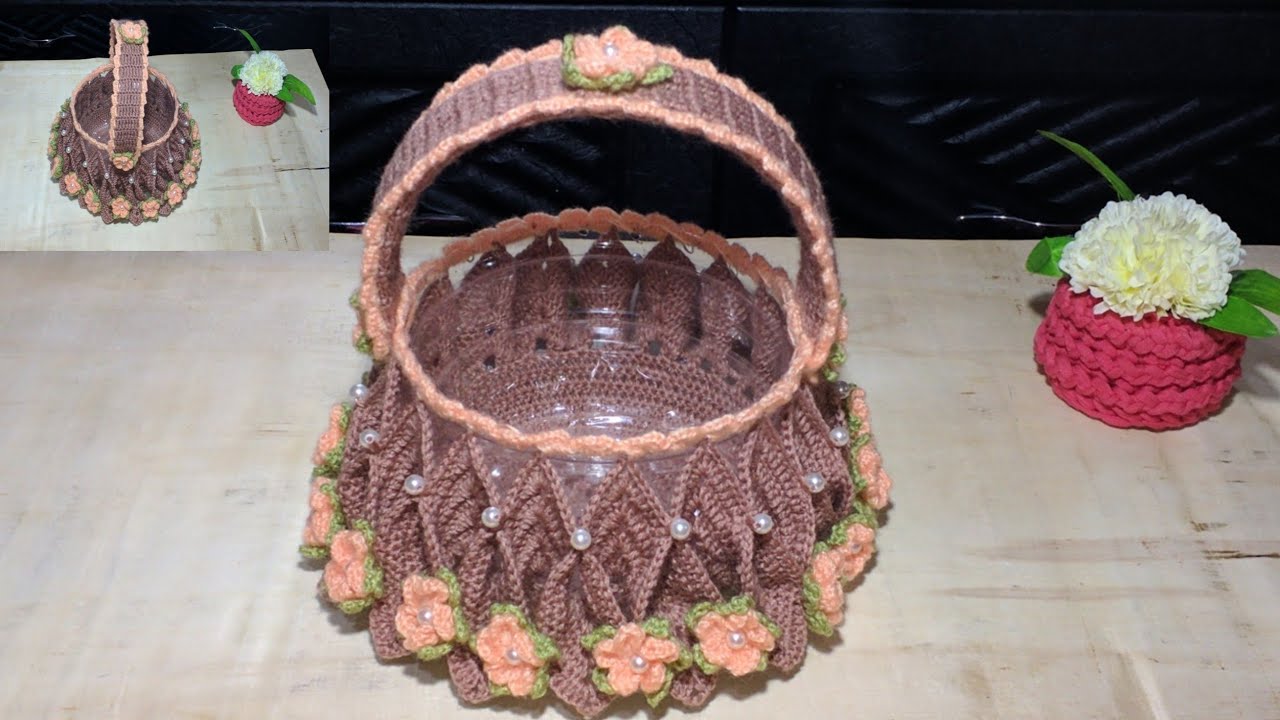 كروشي صنع سلة بقارورة بلاستكية بطريقة سهلة جدا ورائعة