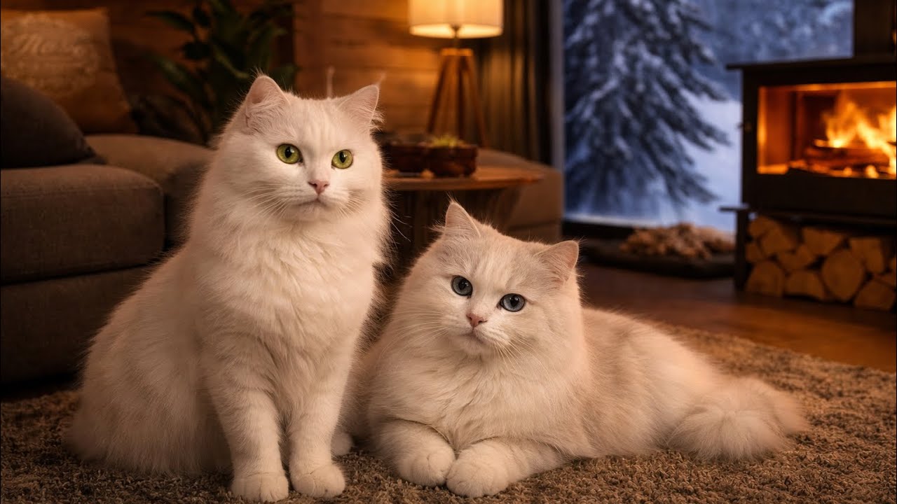 Cozy Ambience | Winter Cozy Nights : Fireplace & Snowy calm ,Relaxing Music With Cats explore