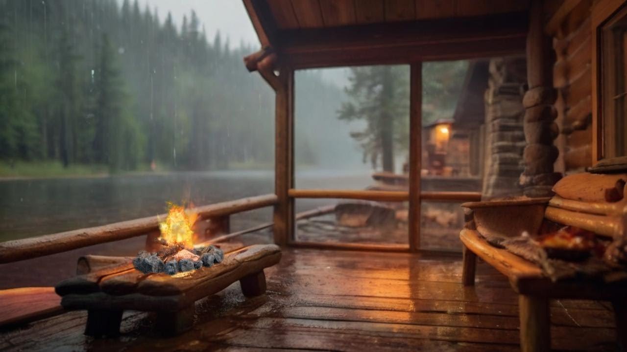 Cozy Rain on Porch with Crackling Fireplace and Gentle Rain Sounds to ...