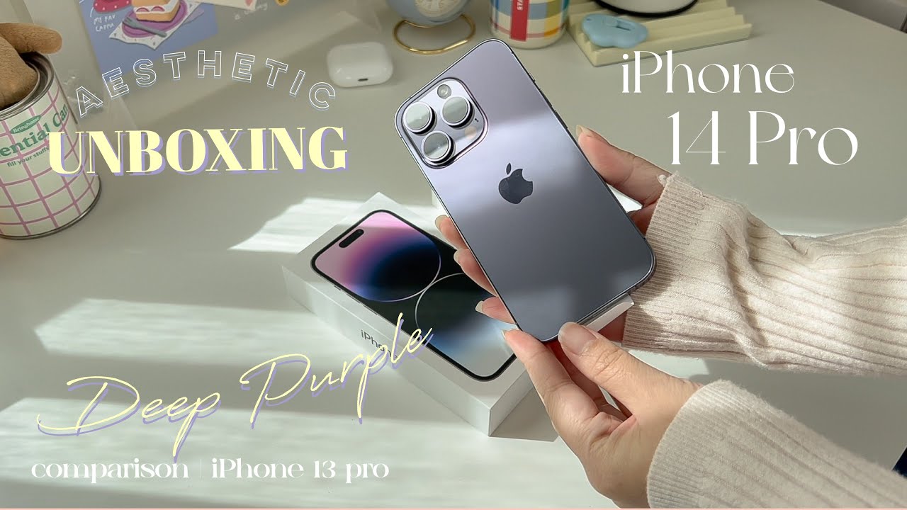 iPhone 14 pro Deep Purple 🍠 aesthetic unboxing + cute accessories