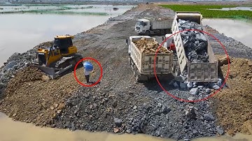 Incredible Powerful Heavy Dump Truck,  Bulldozer Pushing Stone, Rock Building new Road Huge Lake